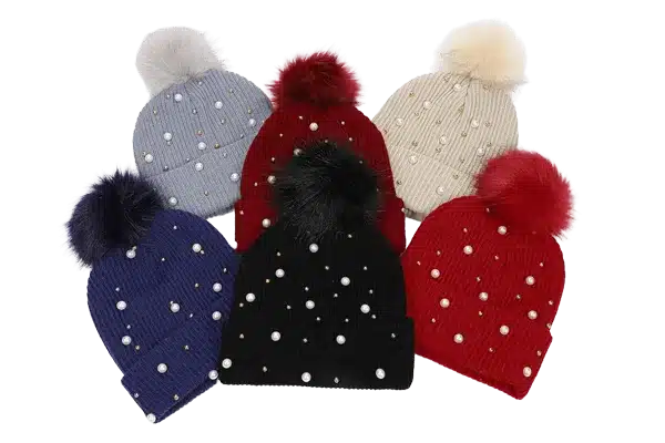 pearls beanies with fake fur pompoms