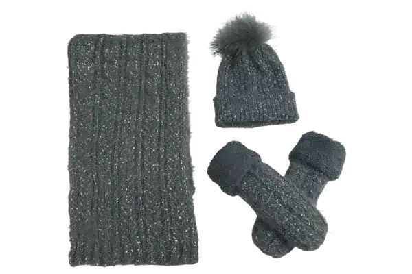 Lurex Scarf, Gloves With Pompom Beanies