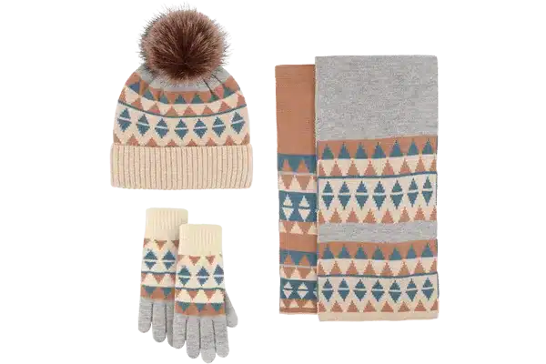 geo knit glove, scarf, beanie with faux fur pompoms